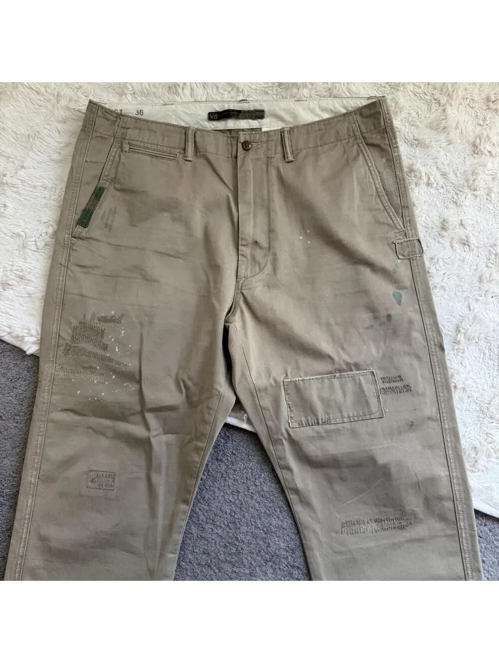 Polo Ralph Lauren Distressed Patchwork Paint Splatter Chino Pants Tan 36x30